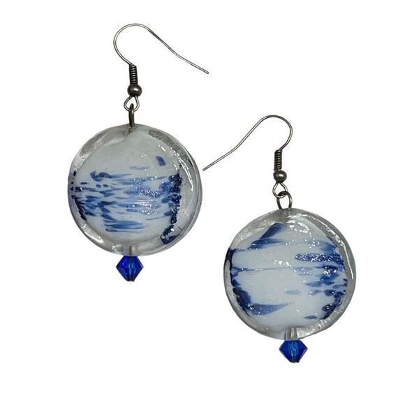 HANDMADE Large Round White/Blue Bead Dangle‎ Earrings - Picture 2 of 4